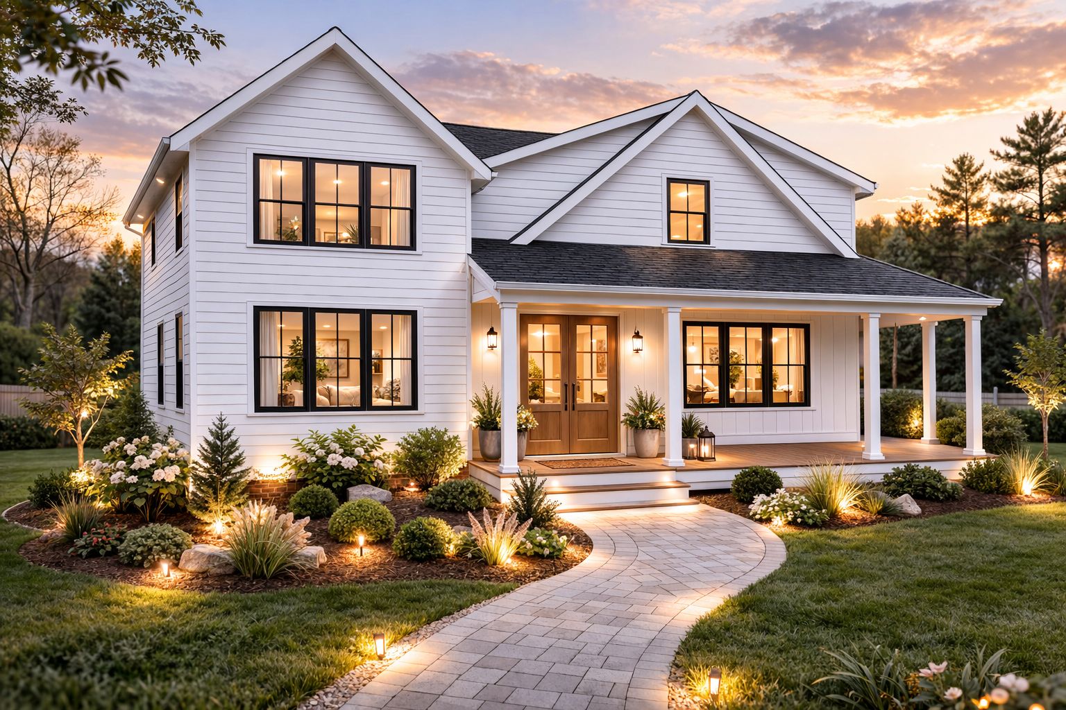 House flip renovation by BuildPro — finished farmhouse exterior at dusk